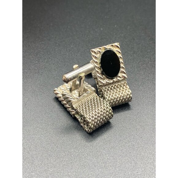 Vintage Swank Cufflinks Black Glass and Silver Tone With  Vintage Swank Cufflinks Black Glass and Silver Tone with Mesh Fold